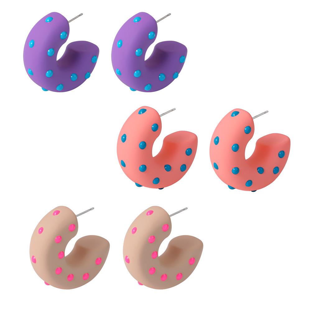 Eco-Friendly Resin Polka Dot C-Shaped Earrings - Trendy Pastoral Style with Stainless Steel, European & American Jewelry.