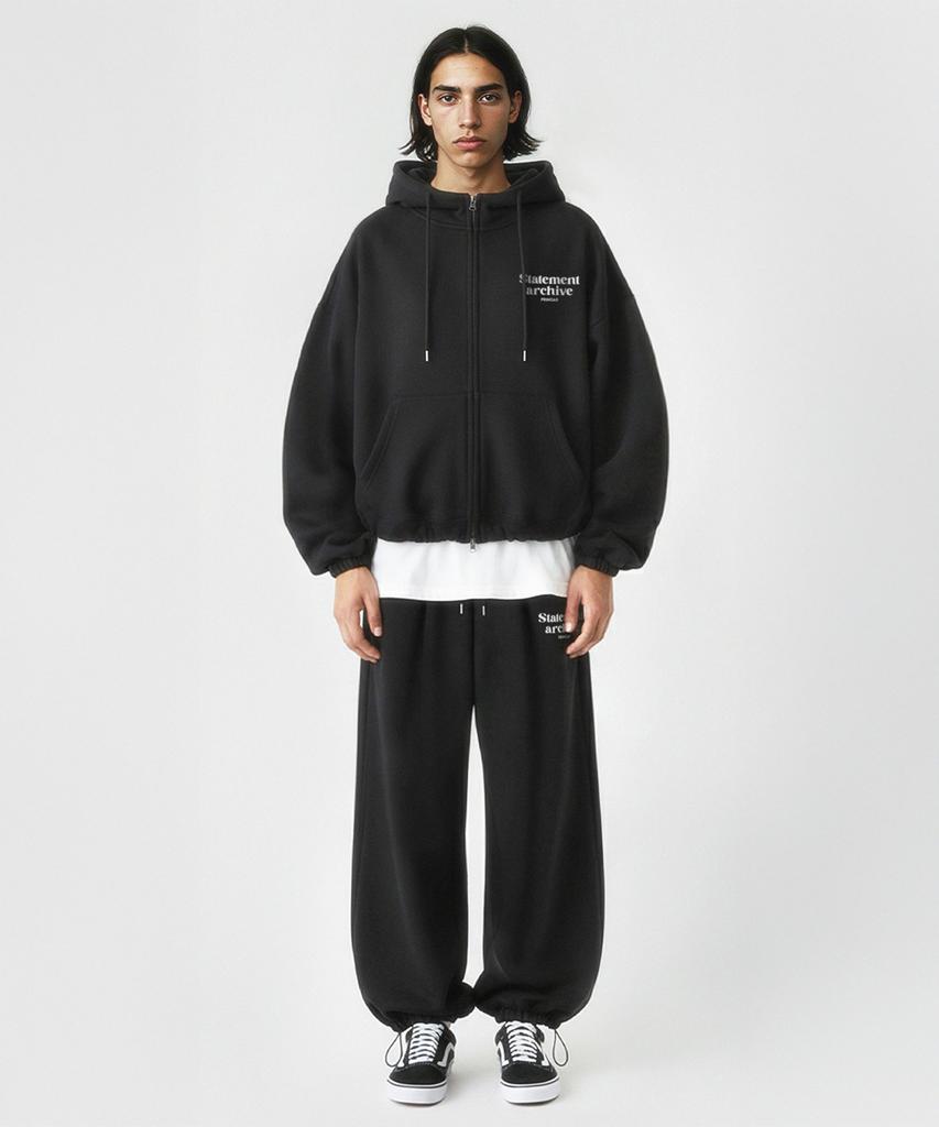 PRINOAR [Fleece Line Option] Statement String Single-Pleat Wide Pants - Black