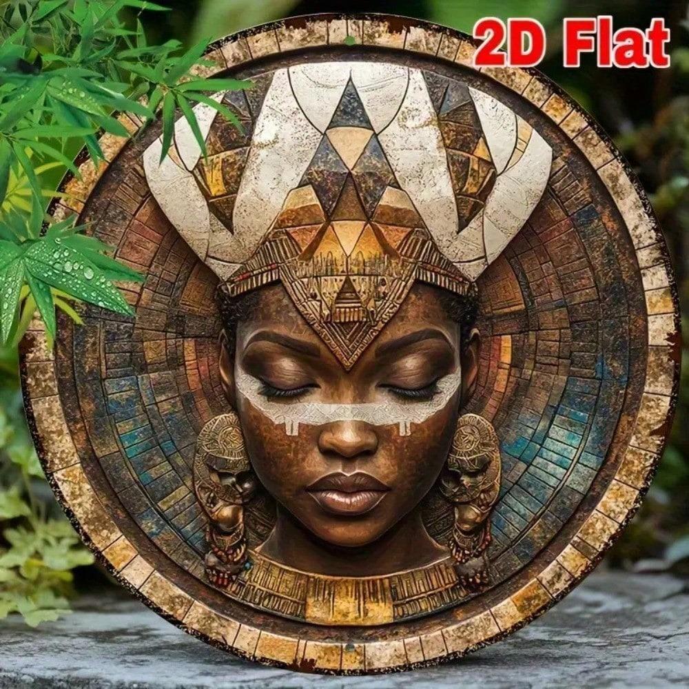 Afrikaanse Godin Wandkunst 8x8 Inch Rond Hout Mozaïek Geometrische Patronen Gouden Accent Vintage Afrikaans Masker Woondecoratie