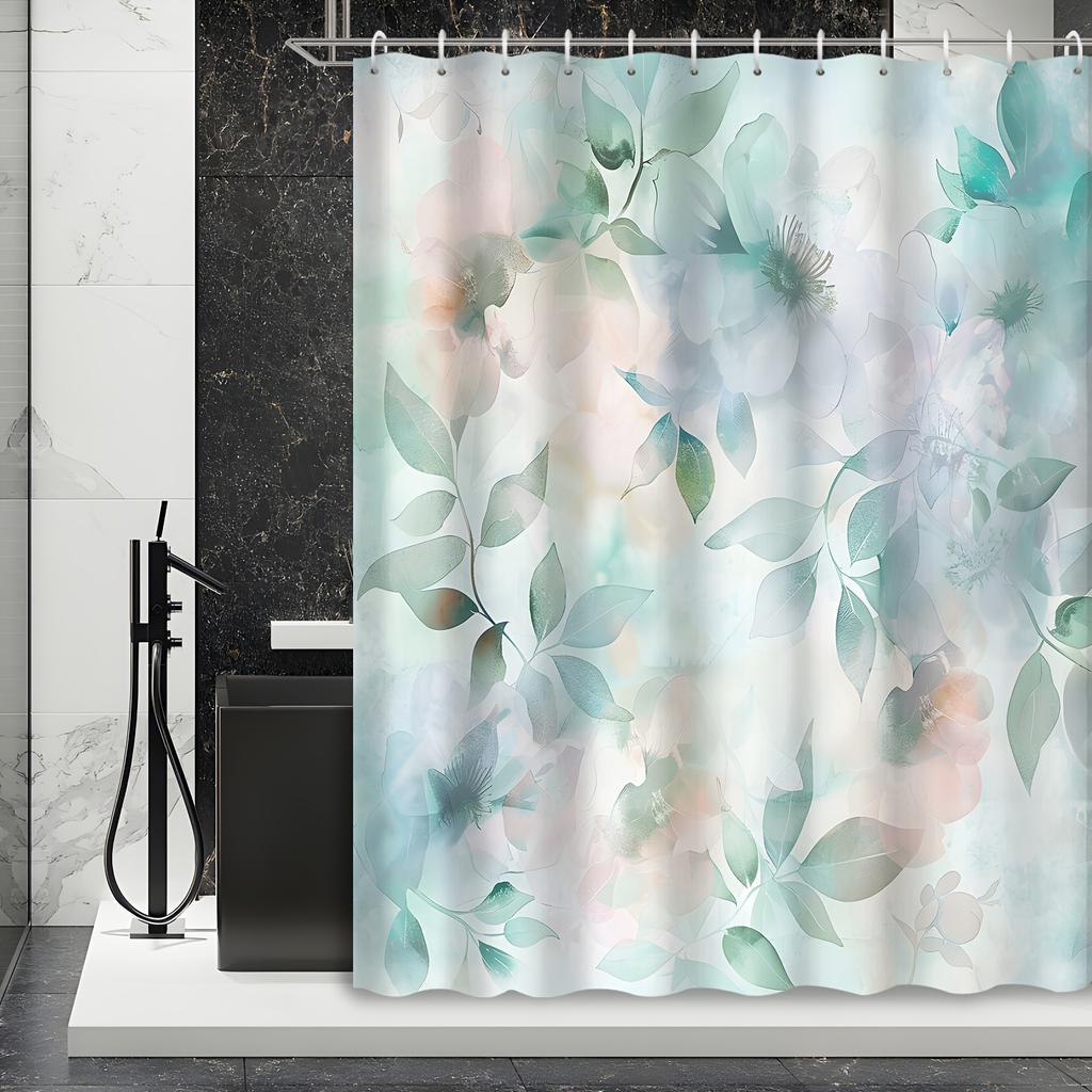 1Pc Green Theme Creative Abstract Art Green Leaf Decorative Shower Curtain, 12 Hooks Bath Curtain, Bathroom Decoration