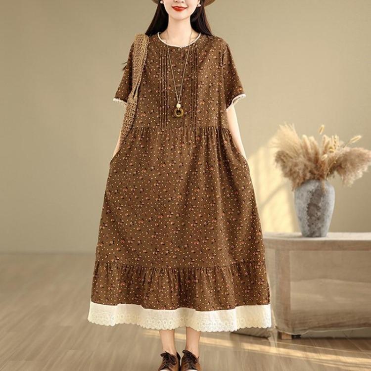 Plus Size Women Casual Loose Long Vintage Floral Summer Dress Short Sleeve Cotton Linen New In Dresses
