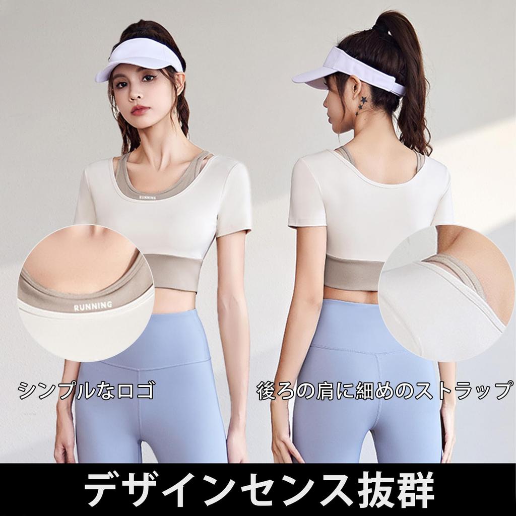 MORGEN SKY Short Sleeve Sports Bra with Yoga Fitness YD035 Women's Cups, Wear, Wear, Tennis, Golf, Gym, Stretchy, Breathable, Quick-Drying, Stylish,