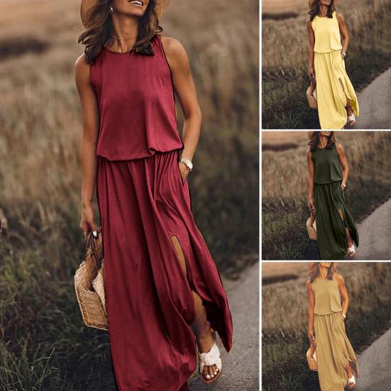 Women Summer Dress Pleated Round Neck Sleeveless Solid Color Loose Slit Hem Maxi Dress Daily Date Party Wear Long Dress
