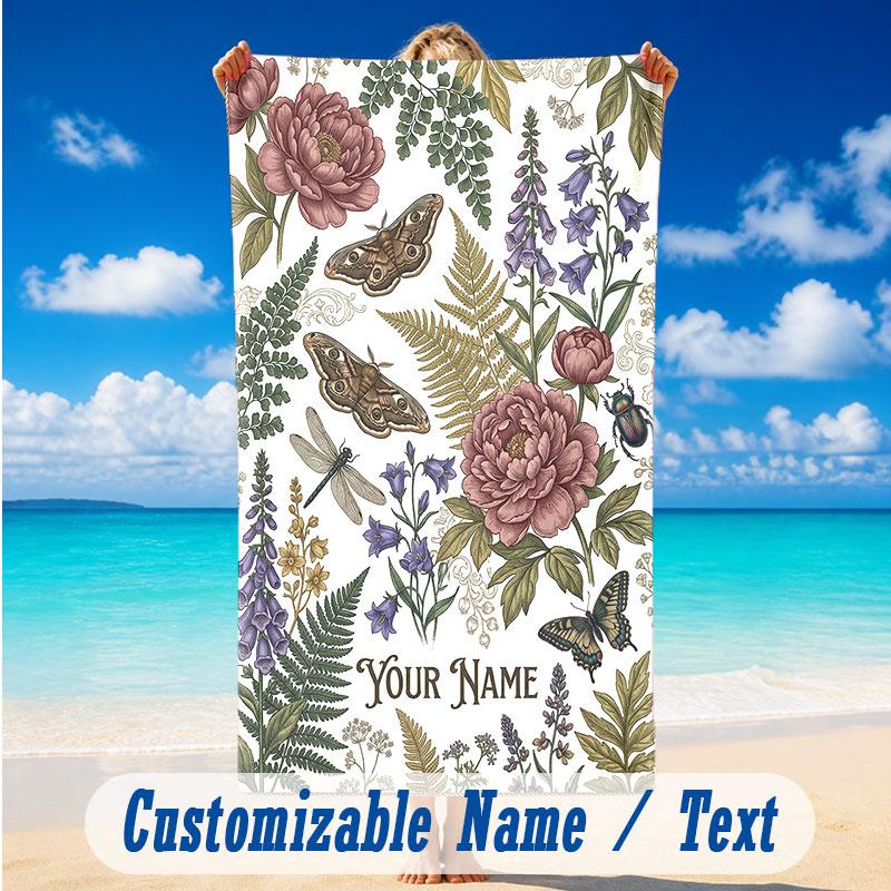 Floral Garden Theme Beach Towel Personalized Custom Name & Text Soft Quick Dry Beach Towel for Swimming Travel
