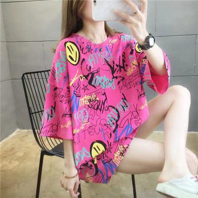 Summer Loose  Print Women Tee Shirt Femme Tops Short Sleeve Casual Oversized T Shirt Women Clothes Pink Black Bright