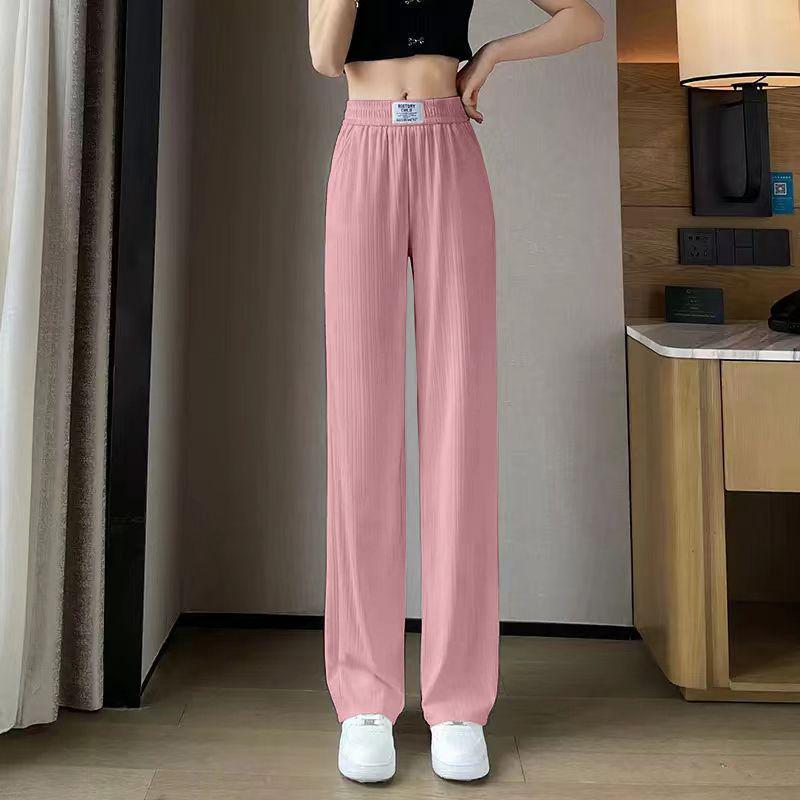 

Women s Ice Silk High-Waisted Wide-Leg Pants Set - Summer Slimming Loose Fit 3XL (145-160 Jin) розовый
