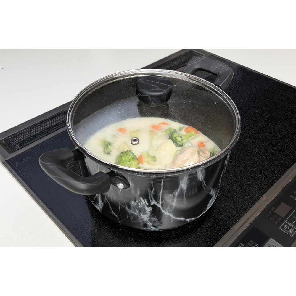 Bestco 22cm Double-Handled Stew Pot, IH and Gas Stove Compatible, Black, Marble Pattern, NX-153 MARBLE KITCHEN