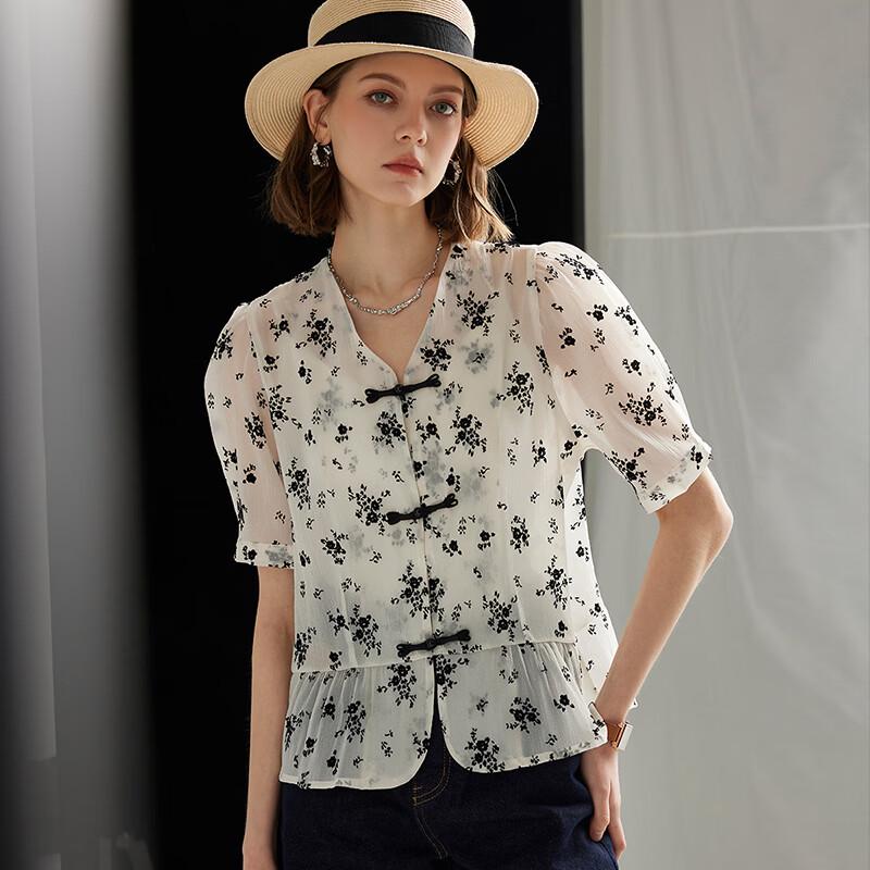 New Chinese Style Chiffon Short-Sleeve Blouse M абрикосовый