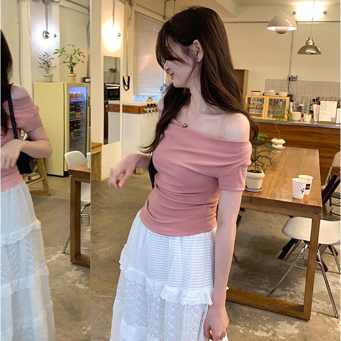 Women Spring Summer Solid Color One Shoulder Short Sleeved Shirt Slim O-Neck Blouses Pullover Tight Short Top S-XXL