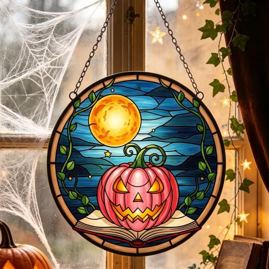 Stained Glass Style Acrylic Suncatchers Halloween Pumpkin Suncatcher, Round Window Hanging Ornament, Mysterious Holiday Theme Wall Displays Full Moon