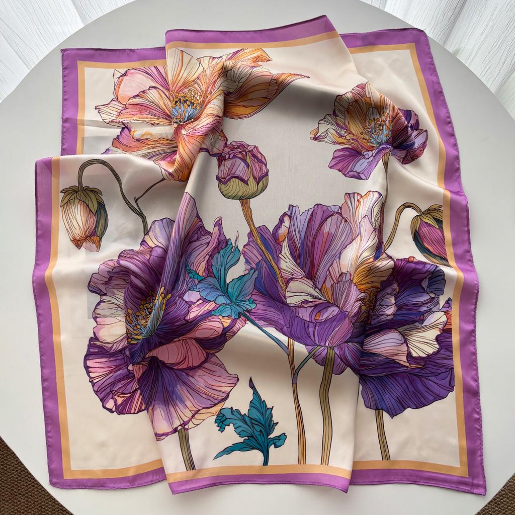 FLoral Printed Imitation Silk Scarves Fashion Square Scarf Bandanas For Women Luxury Hijab Neckerchief Elegant Shawl Beach Wraps