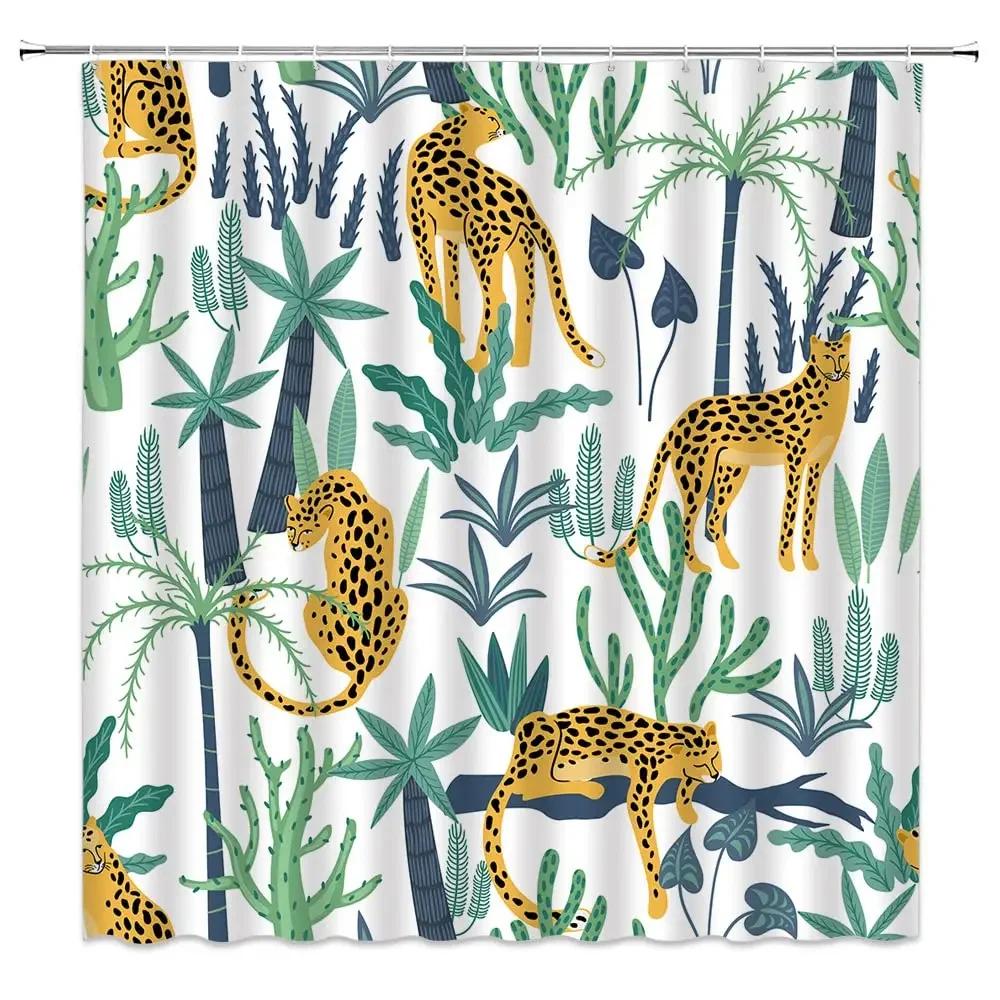 Boho Gepard Duschvorhang, Tropischer Leopard Wildtier Badevorhang, Modern Ästhetisch Rosa Mondphase Blau Floral Badezimmer Curta