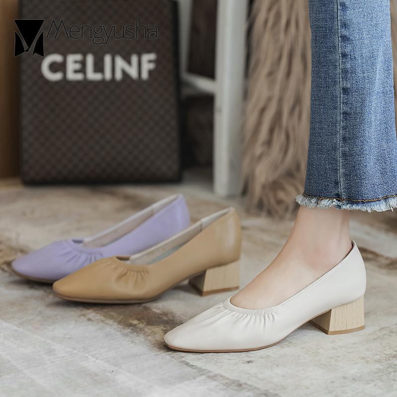 Fashion 2024 Brief Leather Shoes Woman Grandma Loafers Stretch Slip On Mary Jeans Femme Wood Heeled Pumps Ladies 4cm Medium High Heels