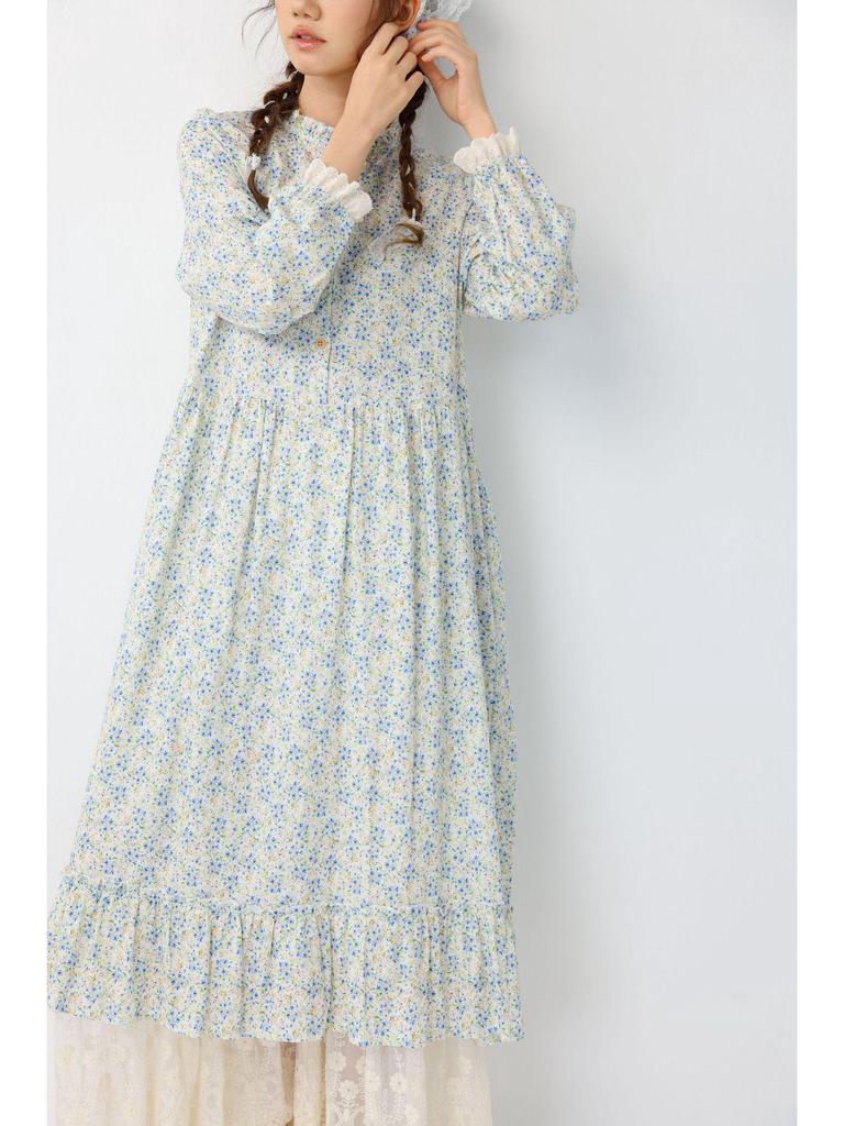 Spring Women's Mori Style Floral Cotton Linen Long Dress with Ruffle Patchwork