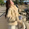 Korean Style Yellow Fur Coat: Women's Soft Petite Leather & Fur Cotton Winter Jacket