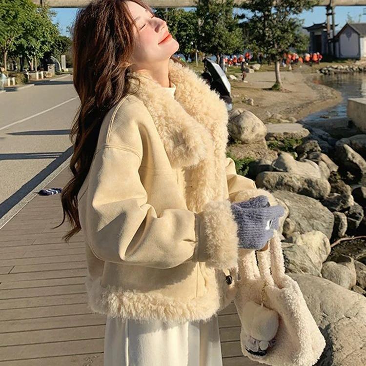 Korean Style Yellow Fur Coat: Women's Soft Petite Leather & Fur Cotton Winter Jacket