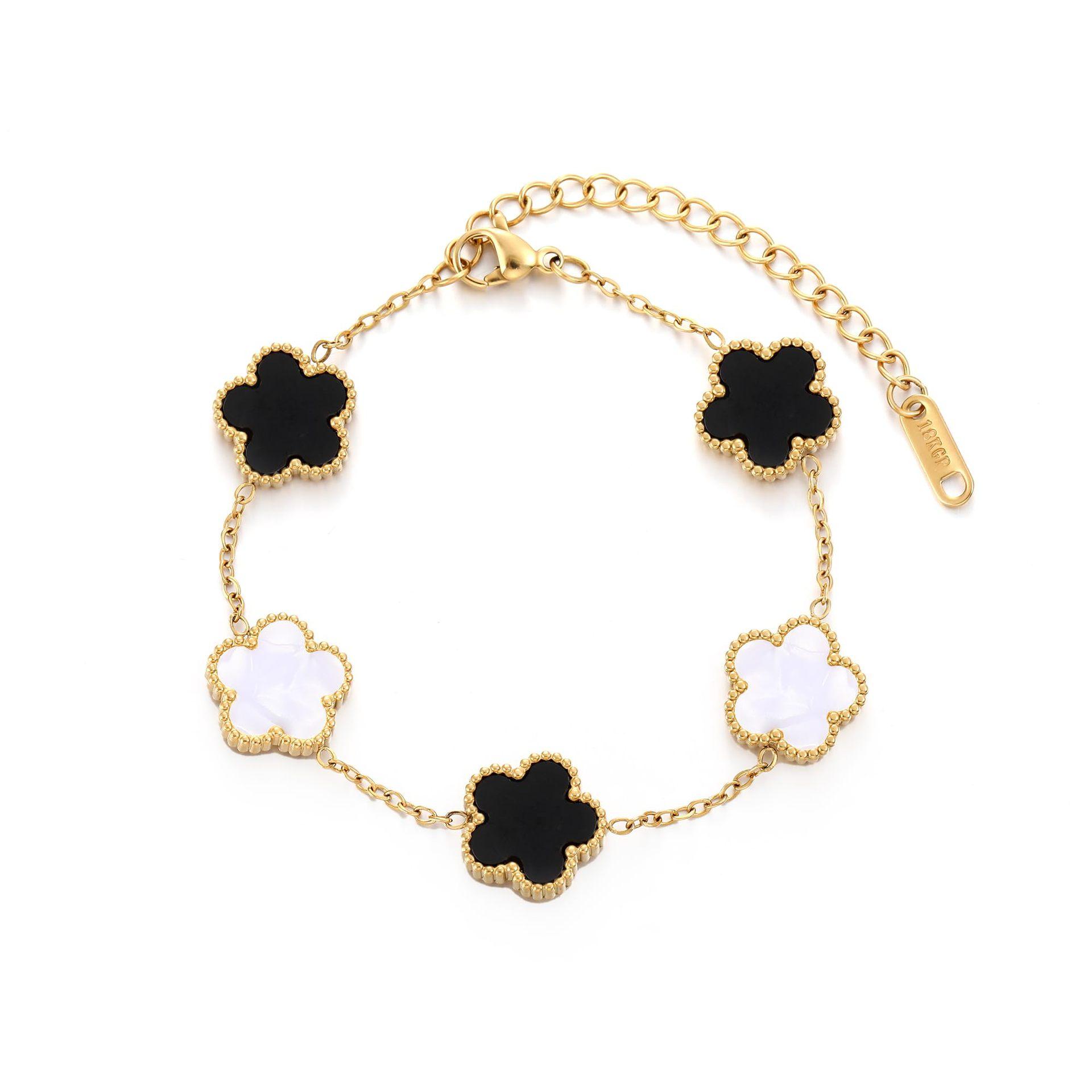 Ladies Chain Bracelet Stainless Steel Four Leaf Flower Gold Chain Adjustable Gift Bracelet Four Leaf Clover Double Sided Bracelet alloy