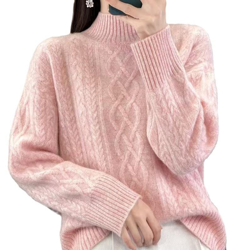 2024 Winter Women's Wool Knit Sweater - Twisted Flower, Half-High Neck, Thick & Loose Fit