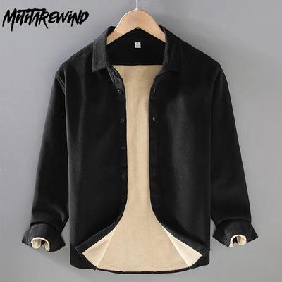 Autumn and Winter Warm Shirt Men Daily Casual Long Sleeve Shirts Lapel Collar Corduroy Fleece Shirt Retro Simple Style Thicken Men Tops