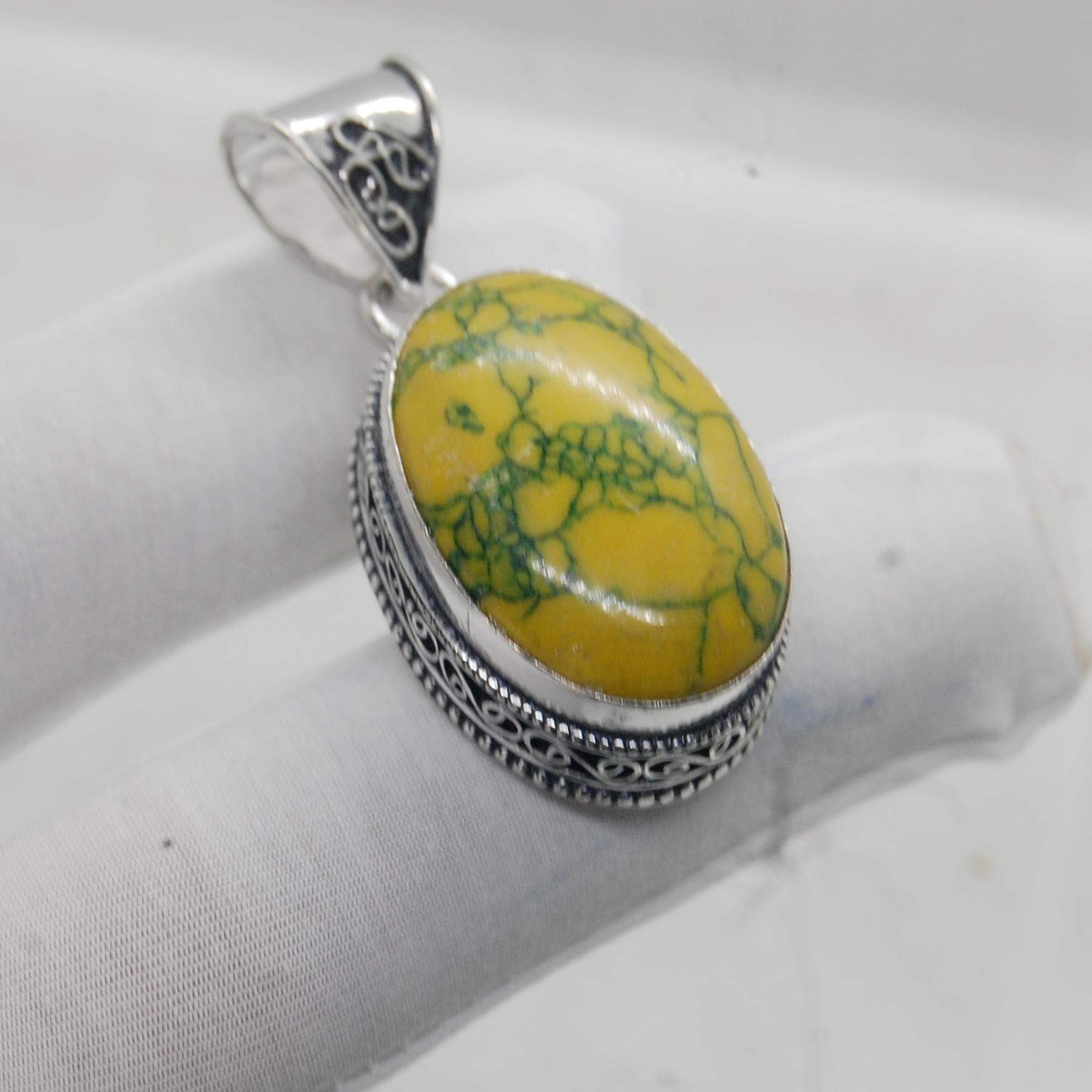 

Huge Oval Cab Yellow Turquoise Gemstone 925 Sterling Silver Pendant Jewelry, Native Style Boho Designer Handmade Pendant срібний