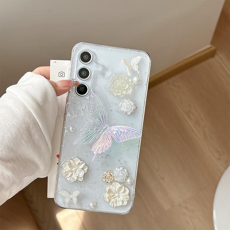Small Fresh Style Glitter Phone Case for Samsung S25ultra Flower S24 Butterfly A36 Bow Tie Transparent A15