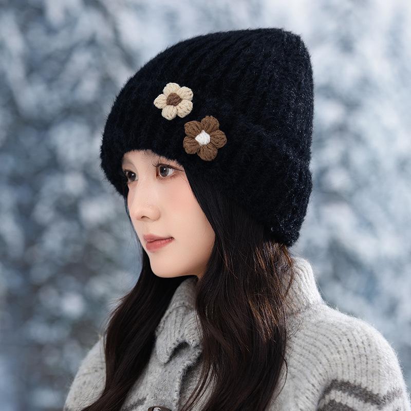 

Утепленная и теплая зимняя шерстяная шапка с цветами для женщин, корейская теплая шапка-балаклава для улицы, защита от холода, шапка с защитой ушей One Size