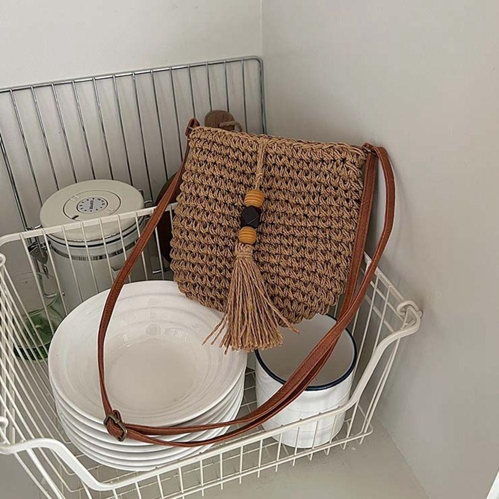 Pu Leather Weave Straw Crossbody Bag Wood Bead Tassels Beach Bag Fashion Raffia Bag  Shopping