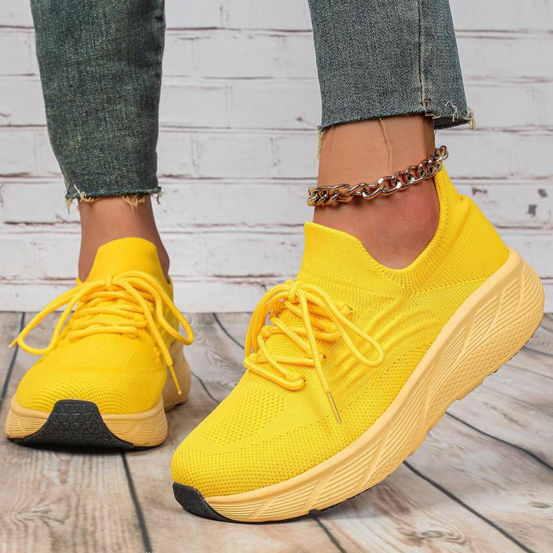 Breathable Mesh Platform Sneakers Women Casual Shoes Yellow Tennis Shoes Woman Lightweight Knit Thick Sole Sports Shoes Ladies