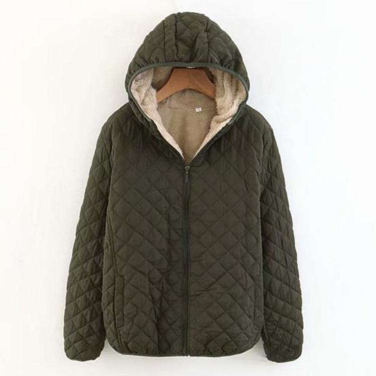 Warm Solid Color Quilted Coat Outwear for Autumn Winter Ladies Female Women Casual Cotton Jacket Loose Fit Hooded Long Sleeves Zipper Pocket