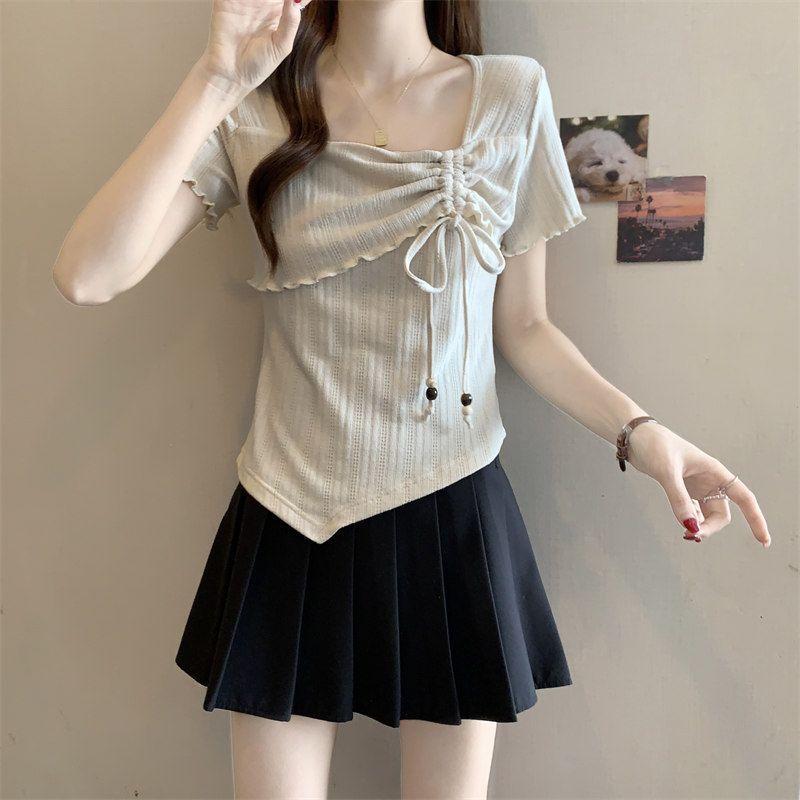 

Women s Drawstring Design T-shirt Square Neck Irregular Short Sleeved Famale T-shirts Summer Leisure Versatile Lady Top S бежевый