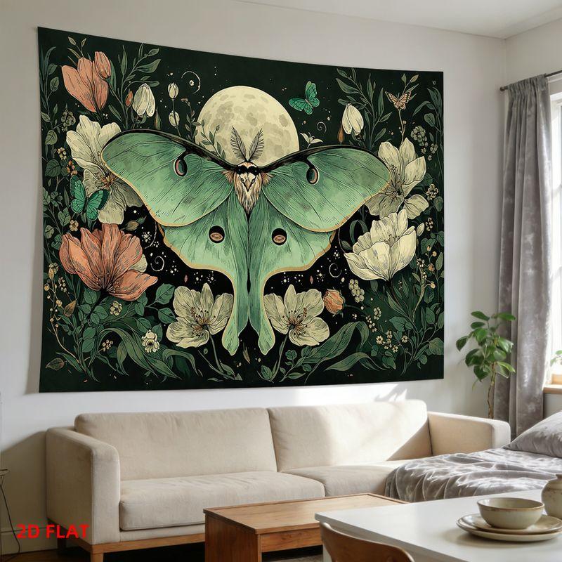 Luna Moth Floral Tapestry Celestial Dark Art Vintage Wall Hanging Boho Bedroom Dorm Yoga Room Decor