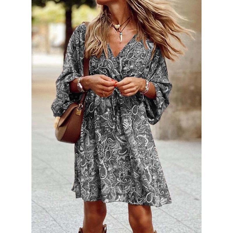 Summer Mid-waist Pullover Midi Skirt Short-sleeved Printed Loose Dresses
