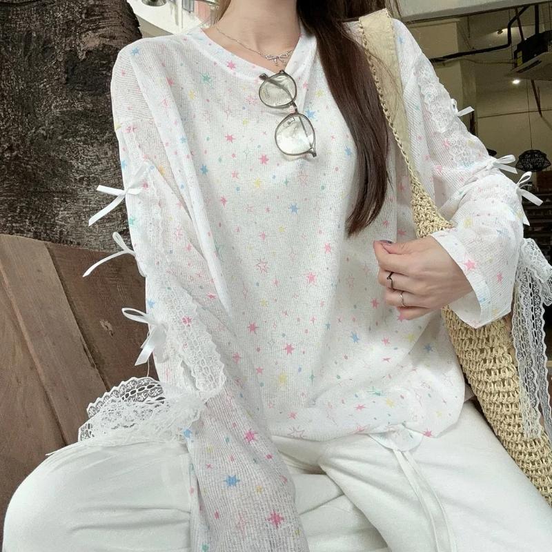 Butterfly Printing Long Sleeve T-shirt Summer New Pattern Thin Style Chic Loose Crew Neck Sunscreen Tops Women's Clothin