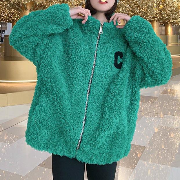 Black stand-up collar lamb wool jacket women's autumn and winter fleece thickened cardigan zipper versatile top