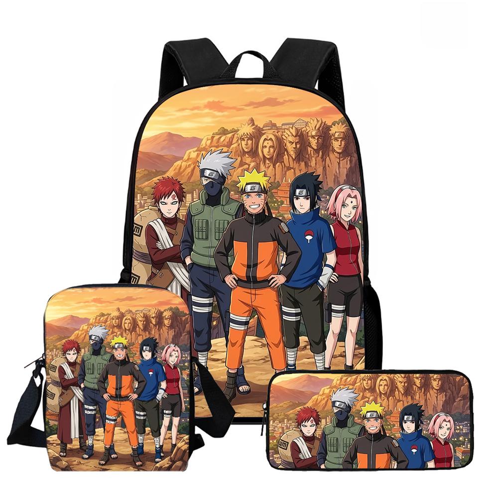 3Pcs Set Kids Backpack with Crossbody Bag & Pencil Bag, Cartoon NARUTO Lightweight School Bag for Boys & Girls Aged 5-9