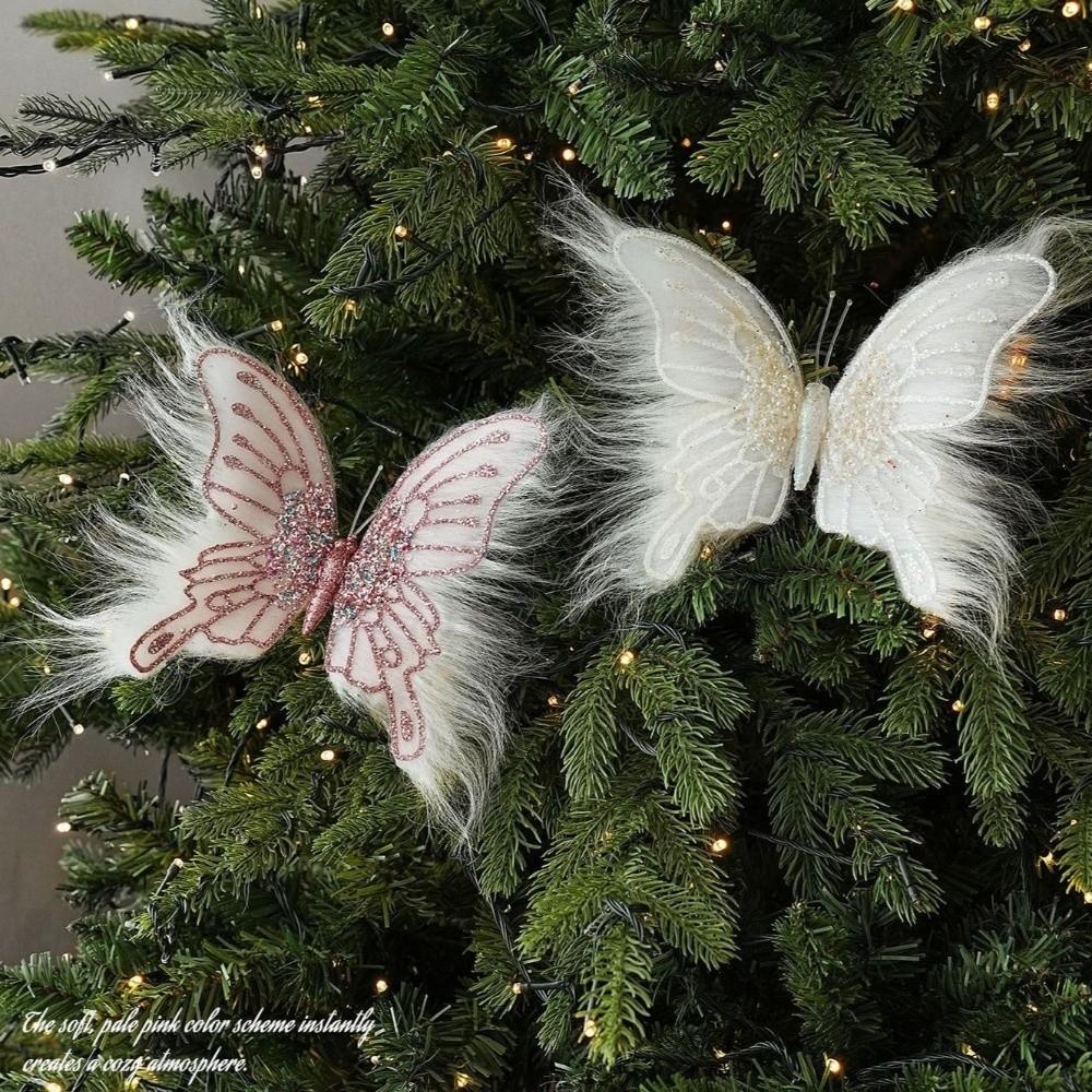 Clip-On Christmas Butterfly Ornaments Flocking Finish Xmas Butterfly Clip Decor  Holiday Party