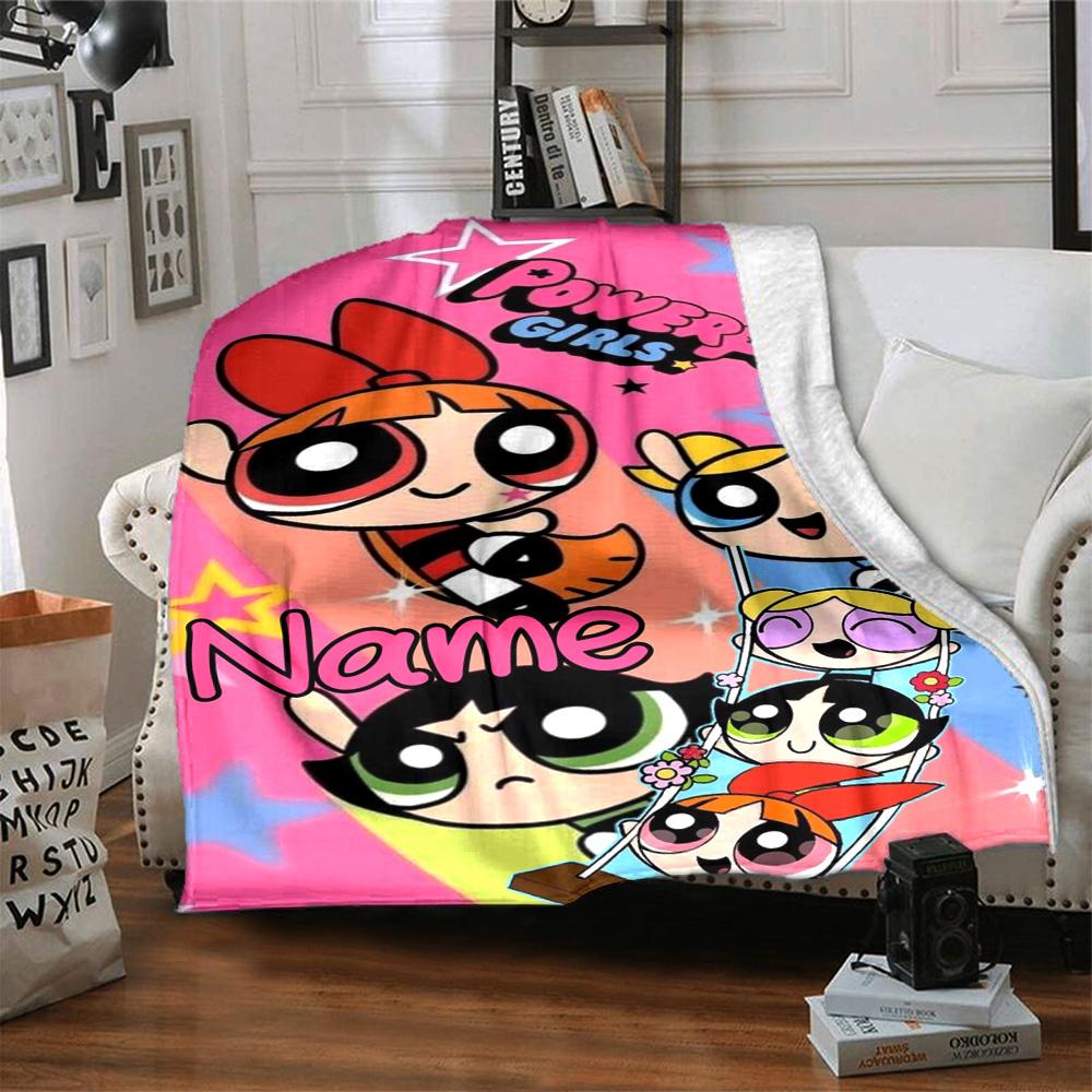 Custom Name Powerpuff Girls Adventure Flannel Blanket for Super Soft Cute Comfort Blanket for Travel Bedding Couch Sofa Blanket