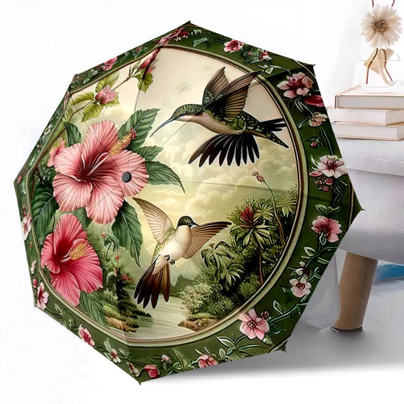 Colorful Hummingbird Flower Wreath Outdoor Automatic Umbrella Retractable Design with 8-Rib Durability Lightweight Perfect Gift for Friends Family