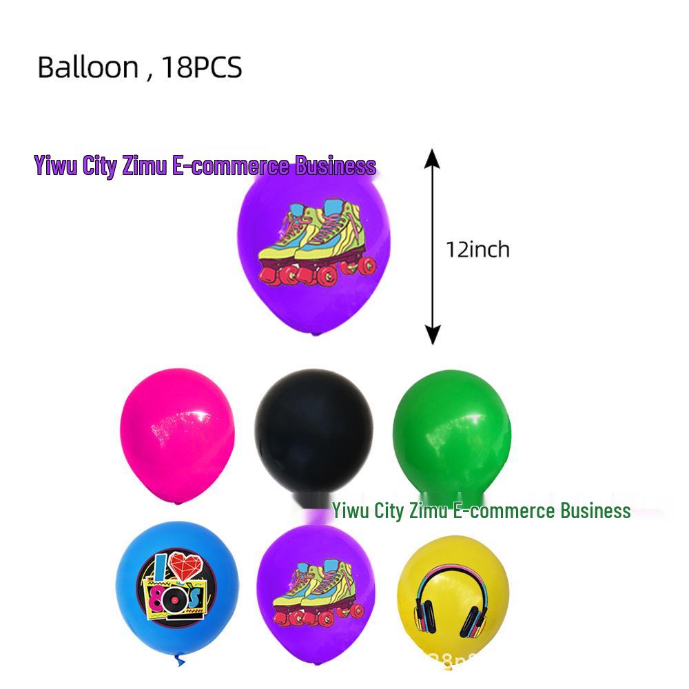80s Themed Birthday Party Decorations: Cartoon Balloons, Cake Toppers, and Banners.
