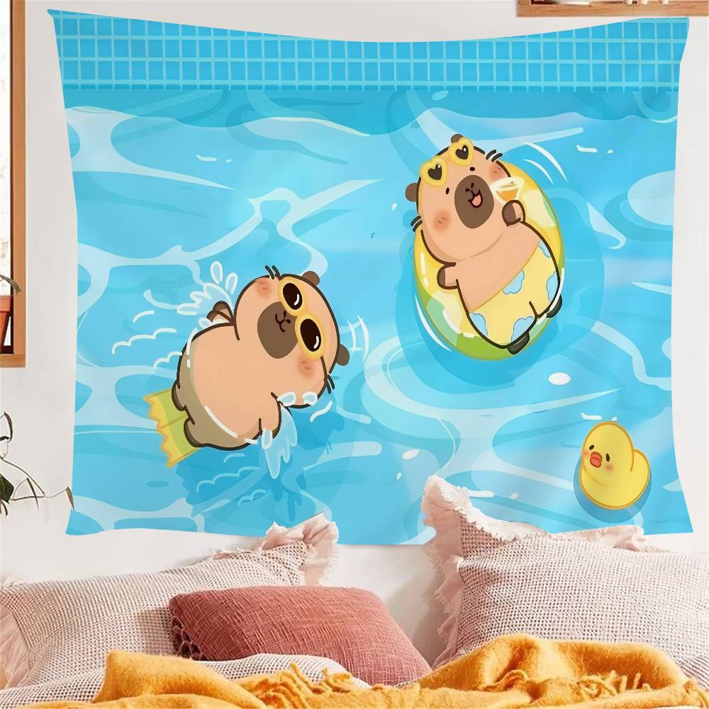 Süße Capybara Cartoon Sommer Wandteppich Kunstdruck Japanischer Wandbehang Anime Wandbehang Heimdekoration