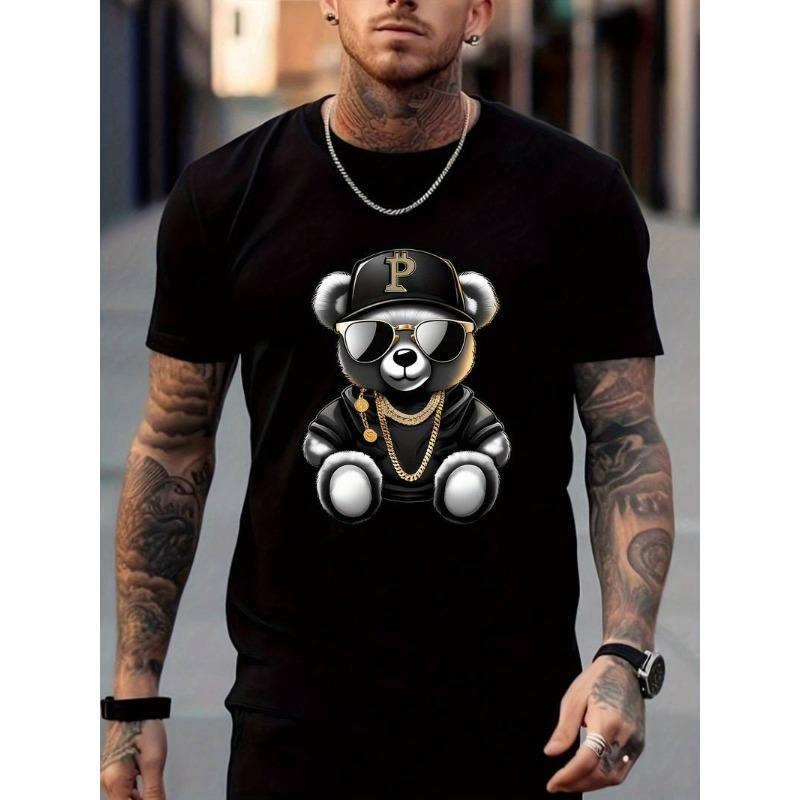 Summer Street Fun Teddy Bear 3D Digital Printed Round Neck Short Sleeve Men's Sports Leisure Comfortable Loose T-shirt