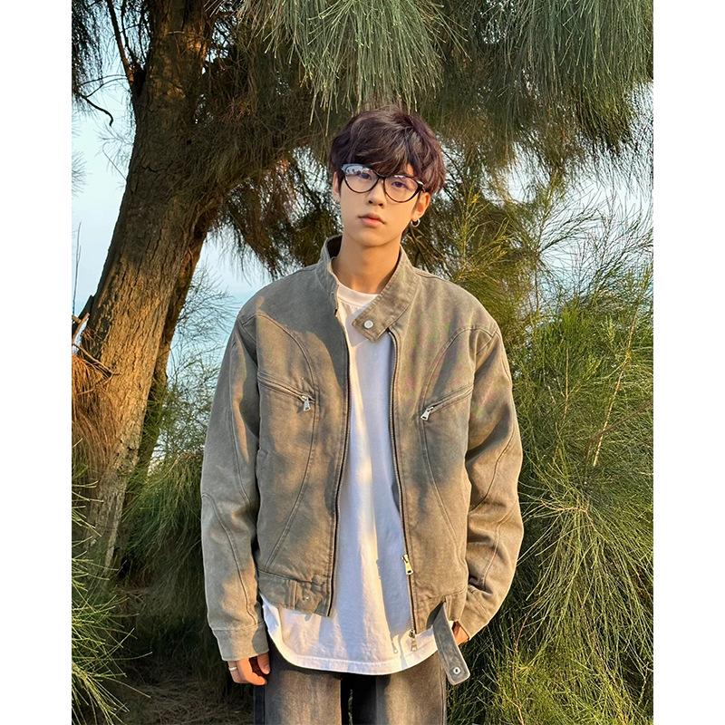 

Men s Gray Washable Denim Jacket - Retro Trend with Stand-up Collar and Zipper, American Design XXL сірий колір