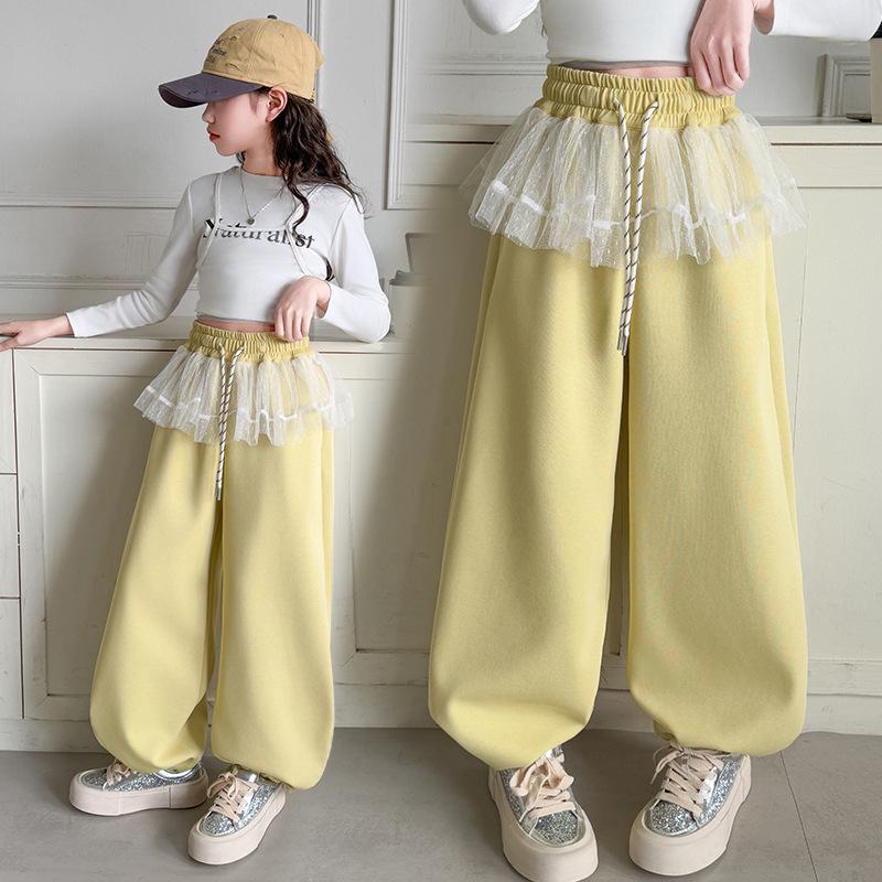 Girls' Spring 2025 Casual Sweatpants: New Style Mesh-Spliced Wide Leg Sports Pants for Kids