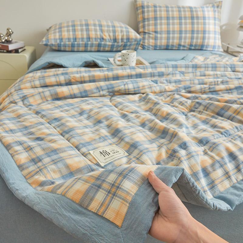 Plaid Print Washable Cotton Summer Cooling Quilt Lightweight Breathable Machine Washable for Student Dorms Single Double Beds Air Conditioner Rooms