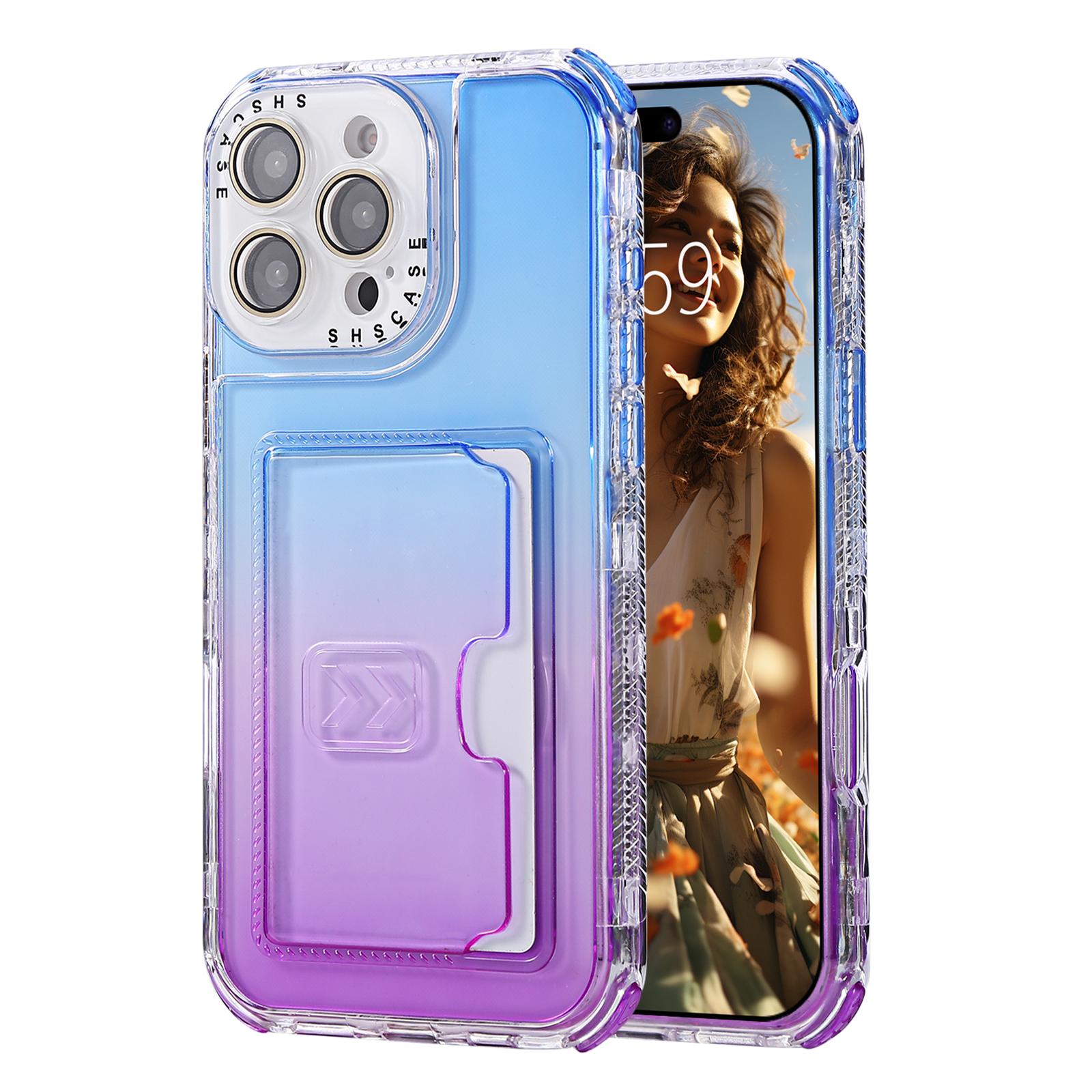 

For iPhone 16 Pro Case Card Holder Gradient Color PC+TPU Anti Drop Phone Back Cover with Lens Film Blue/Purple