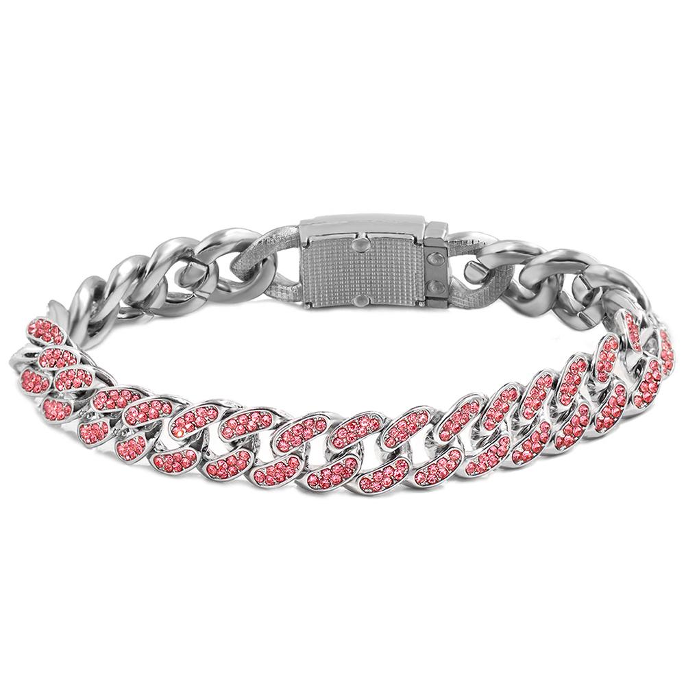 1Pcs Pink Rhinestones Miami Cuban Chain Bracelet for Women Men Iced Out Chunky Tennis Bracelets Fashion Gifts Jewelry Wholesale