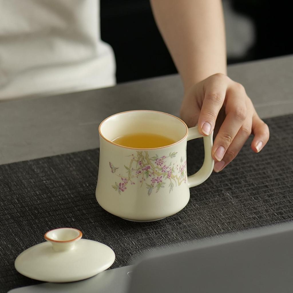 Ru Ware Pink Peach Ceramic Tea Mug with Lid