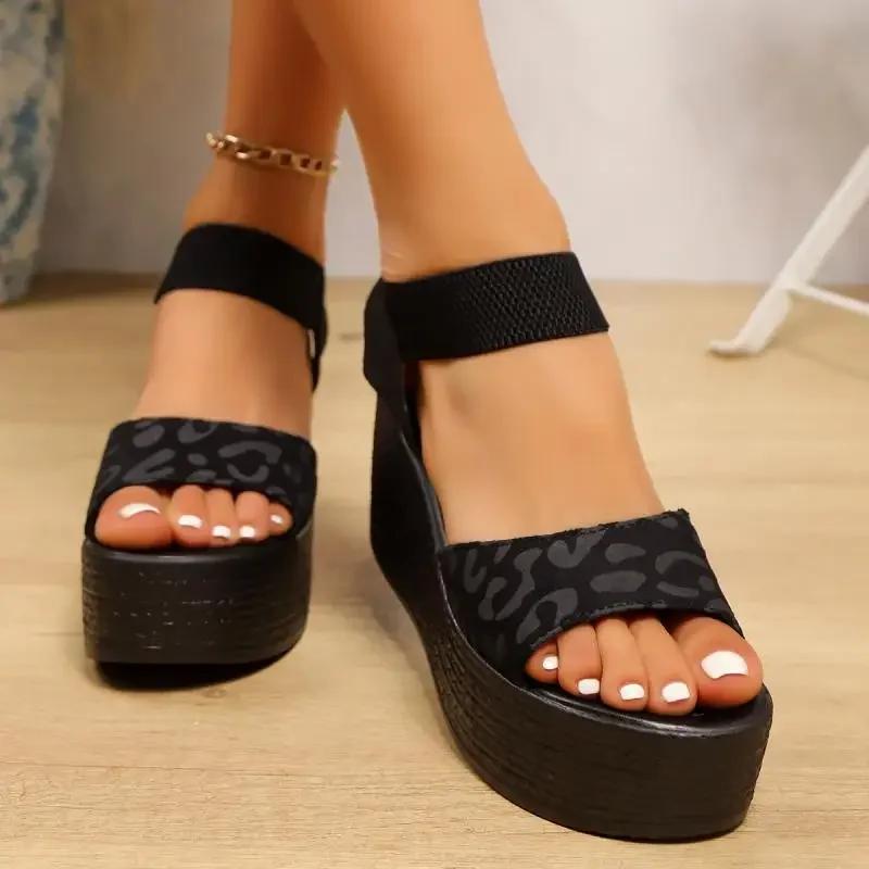 Women's Wedge High Heel Leopard Sandals Peep Toe Platform Sandals Ladies Thick Sole Summer Shoes Espadrilles