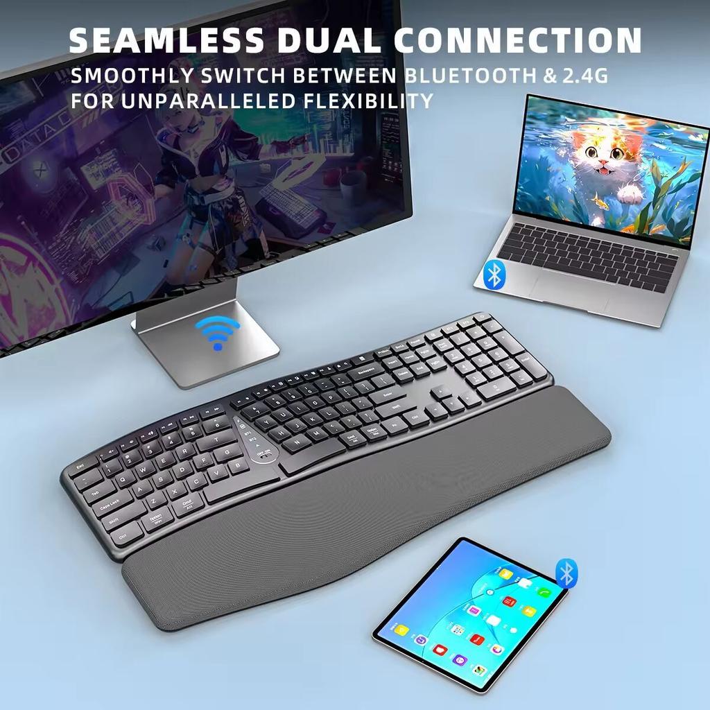 Tastatură Wireless Ergonomică 2.4G, Tastare Naturală Confortabilă, Suport pentru Palmă, Tastatură Bluetooth Reîncărcabilă Multi-Dispozitiv pentru Laptop