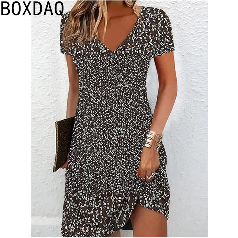 Women's Summer Dress Vintage Floral Printed Mini Dress V-neck Short Sleeves Casual Brach Holiday Dresses Oversized Dress